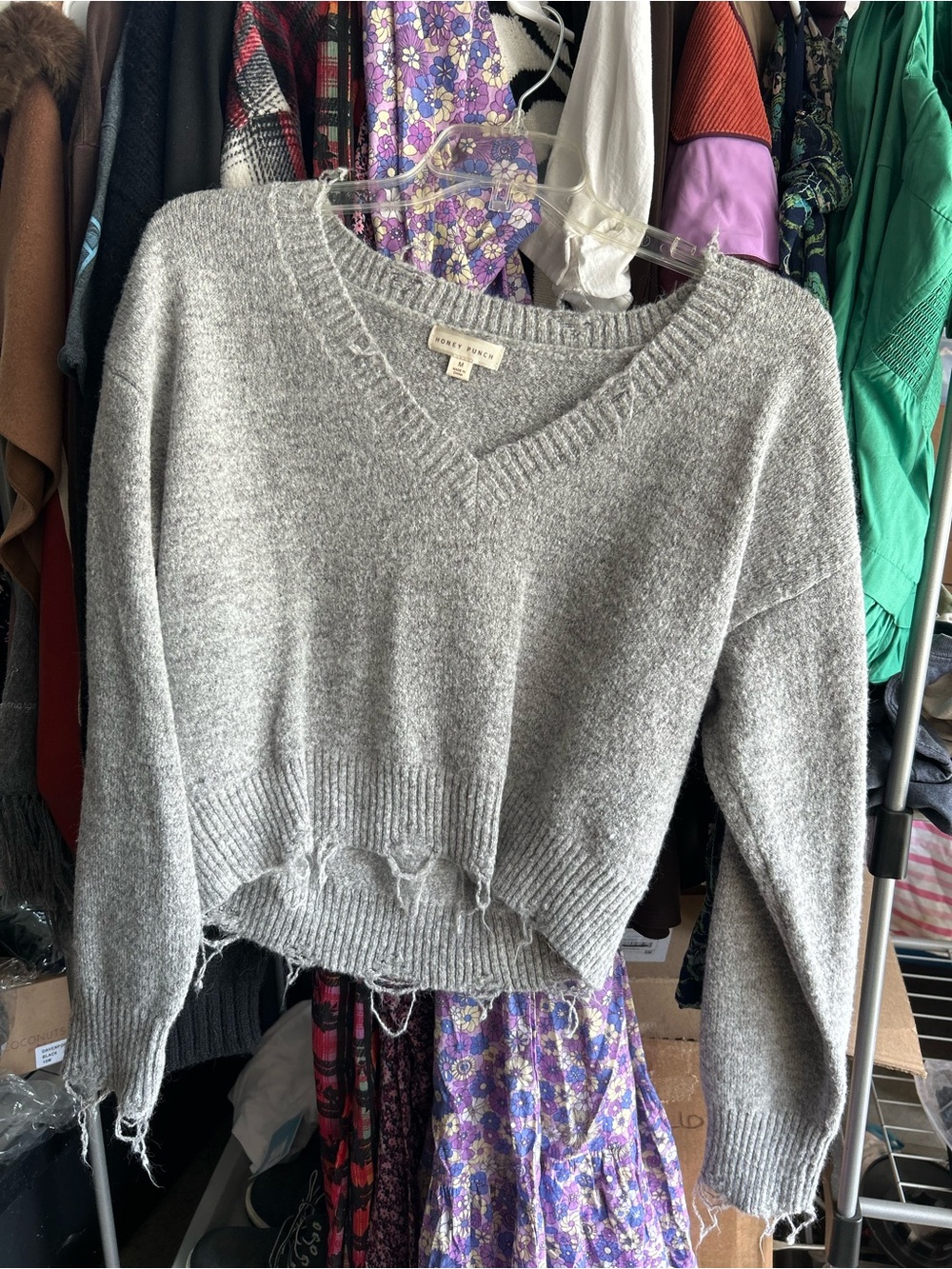 Honey Punch Gray V-Neck DISTRESSED Knit Pullover kind of cropped Medium EUC